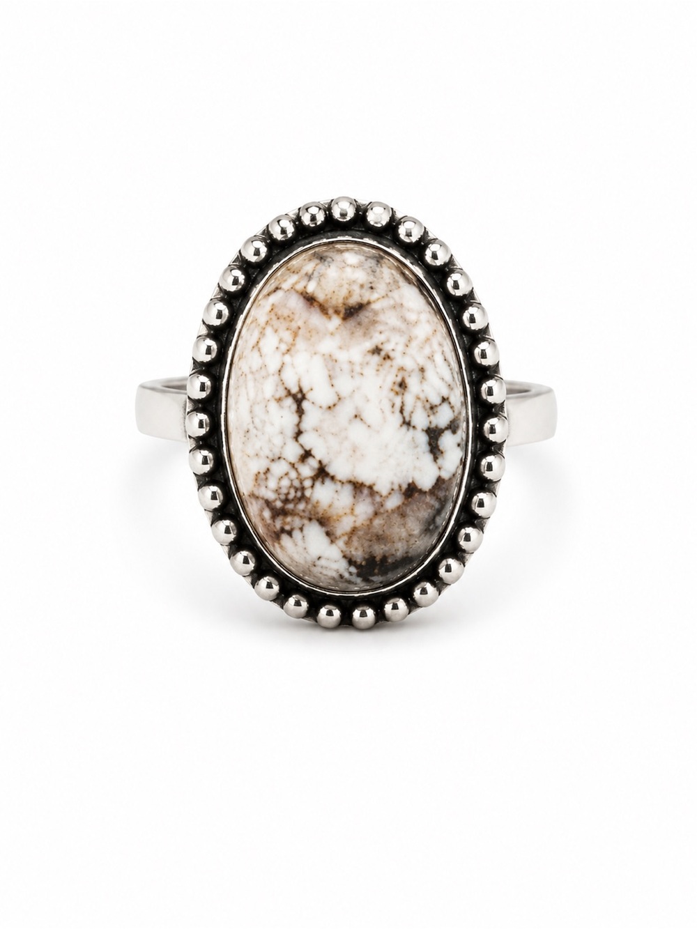 Oval White and Brown Stone Ring with Beaded Silver Setting
